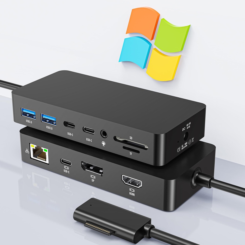 Surface Dock Station, 12 in 1 Surface Docking Station Triple 4K 60Hz Display with HDMI/USB C