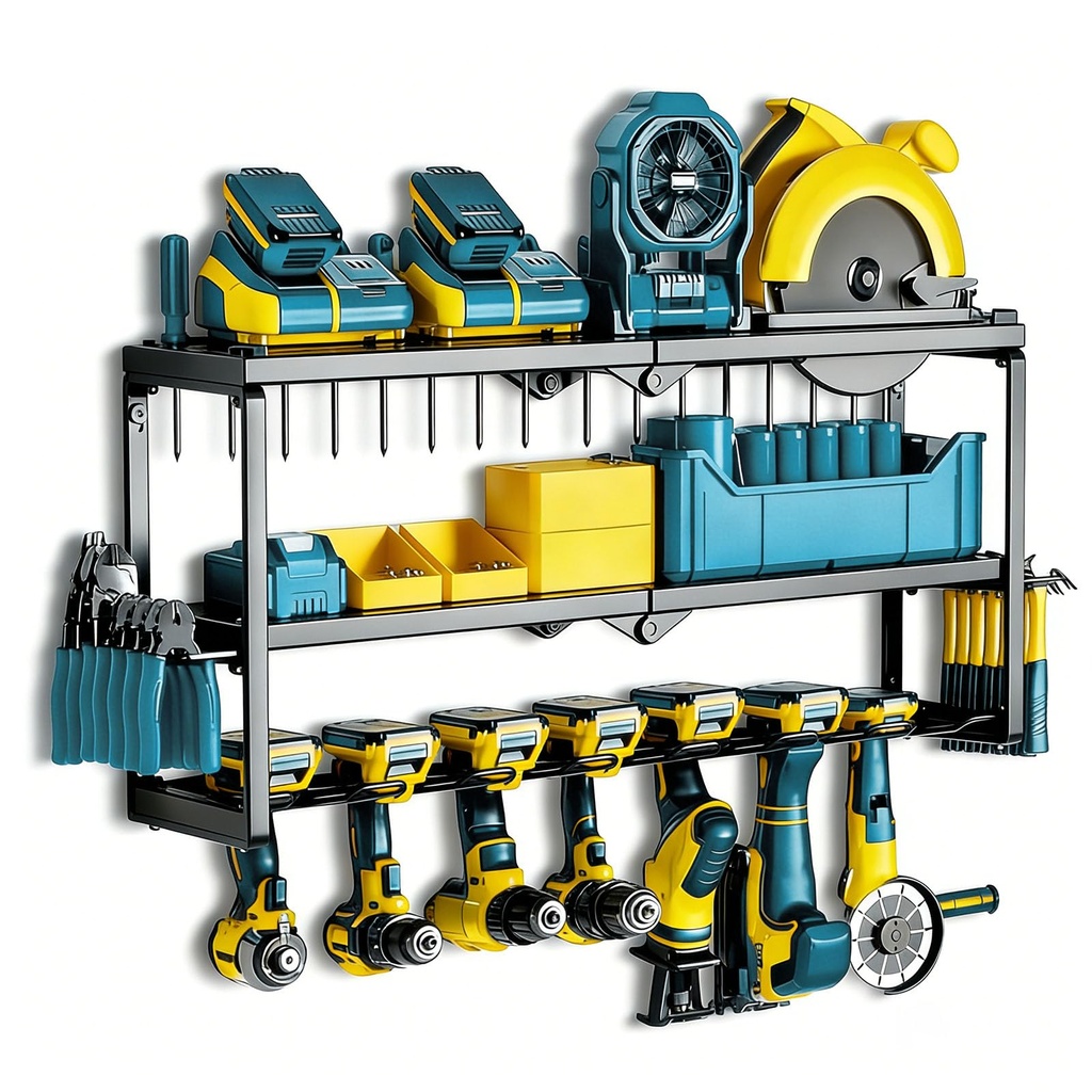 Tatqilo 3 Layers Power Tool Storage, Tool Organiser Wall Mounted Loads 150Lbs with 7 Cordle