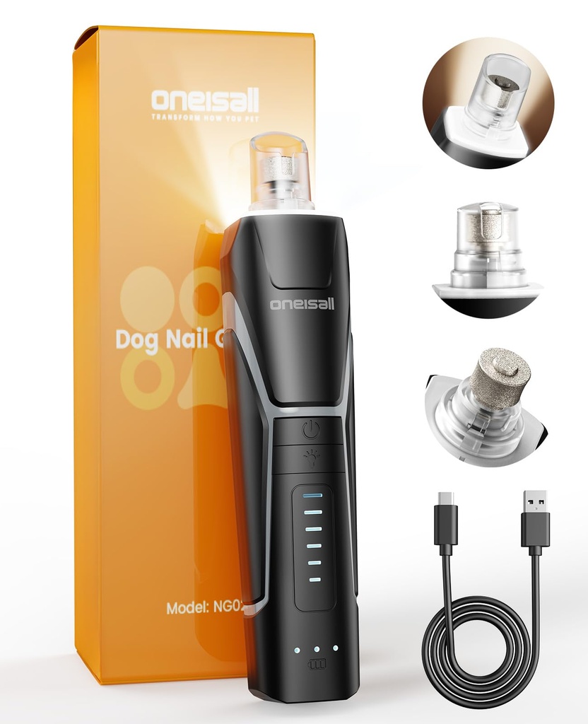 oneisall Dog Nail Grinders with 360 LED Lights,40db Silent Cordless Dog Claw Grinder, Groo