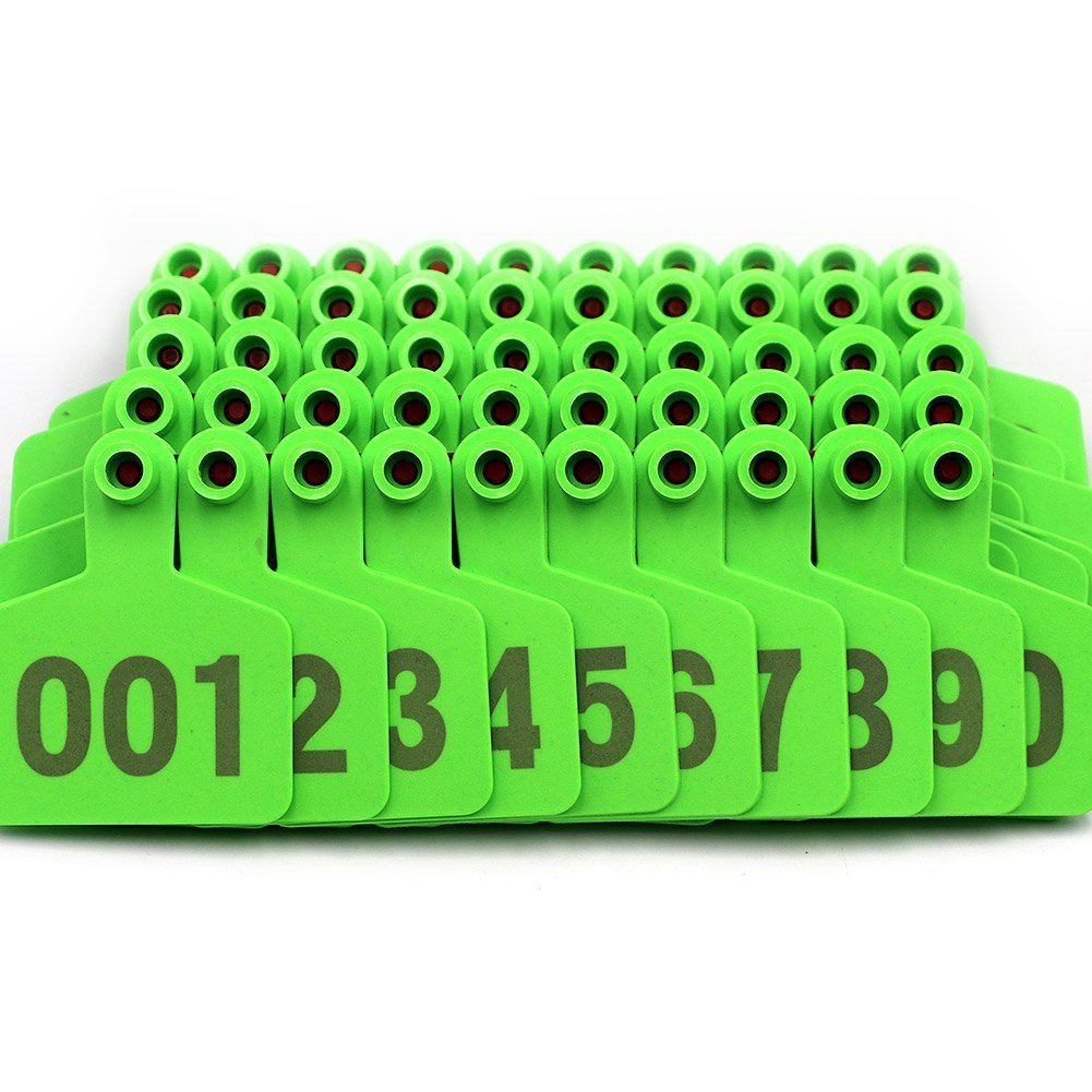 Numbered Plastic Livestock Ear Tags 001-100 Green, Animal Identification Markers 