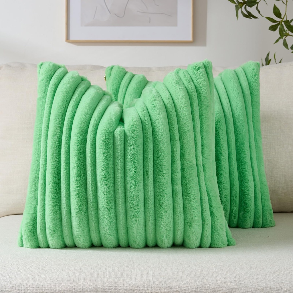 FUTEI Set of 2 Fluffy Faux Fur 50x50 cm Cushion Covers Double Sided Soft Plush Striped Text