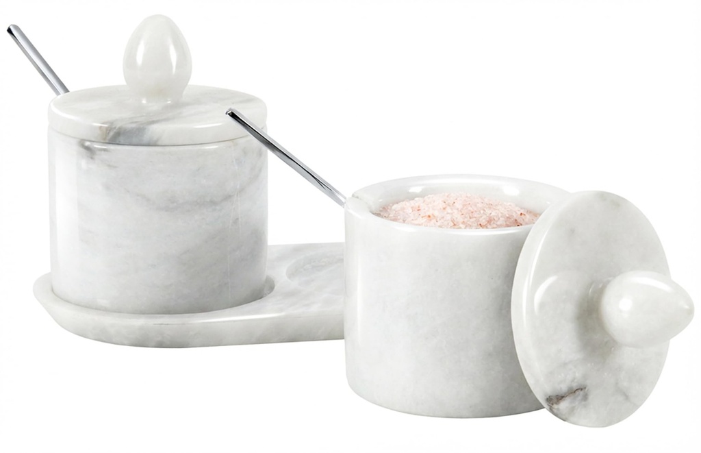 MARBLE RANGE Salt Cellar with Lid and Tray 4 Inch White Handmade Salt Container, Set of 2 S
