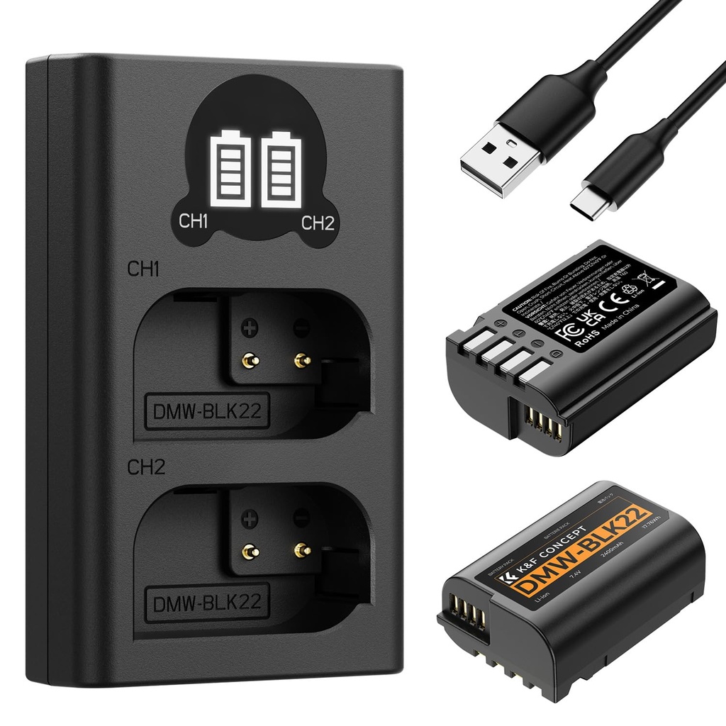 K&F CONCEPT 2-Pack DMW-BLK22 Battery and Charger Set, Compatible with Panasonic Lumix DC-S5