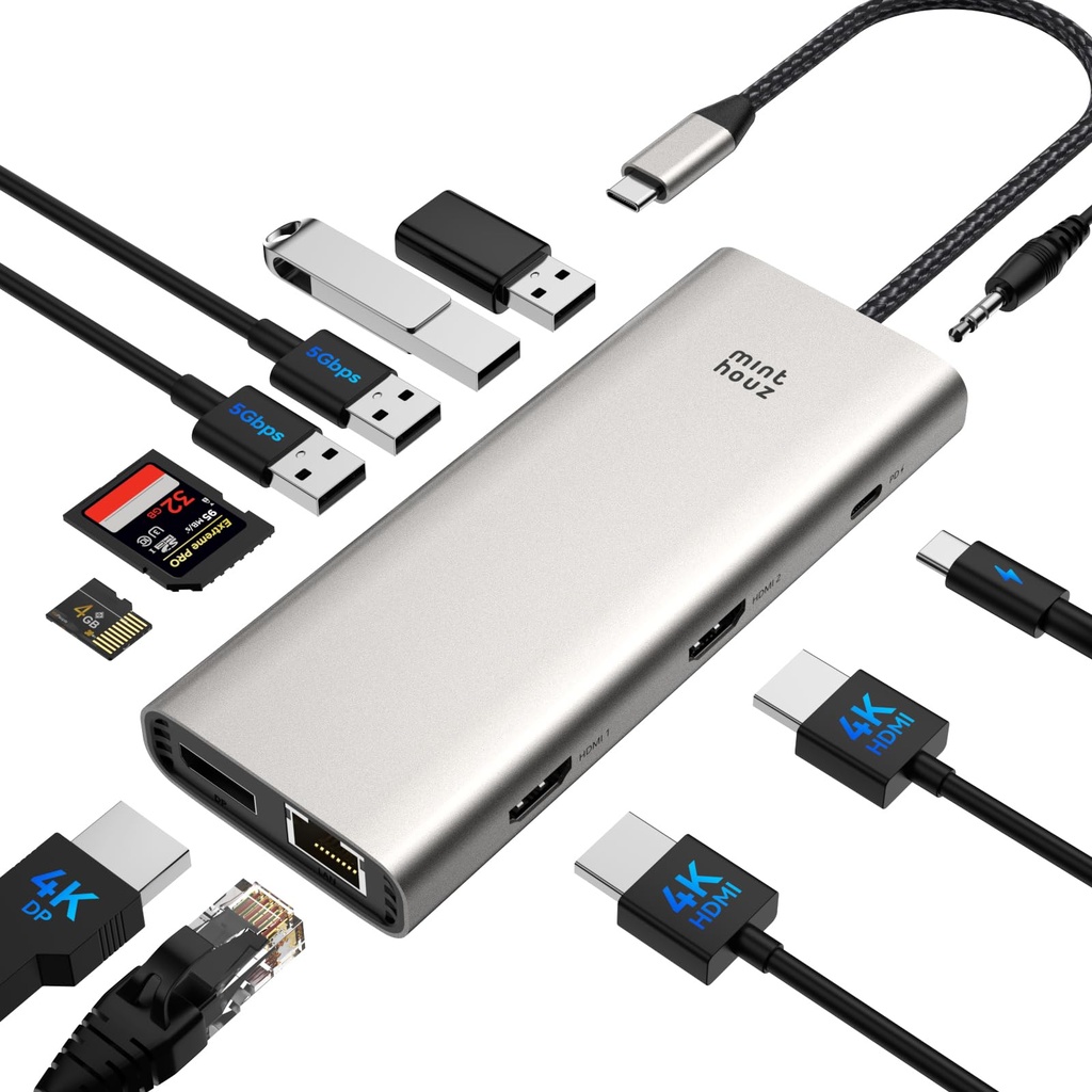 USB C Docking Station Triple Display Monitor for HP Lenovo Dell,Minthouz 12 in 1 Laptop Dock