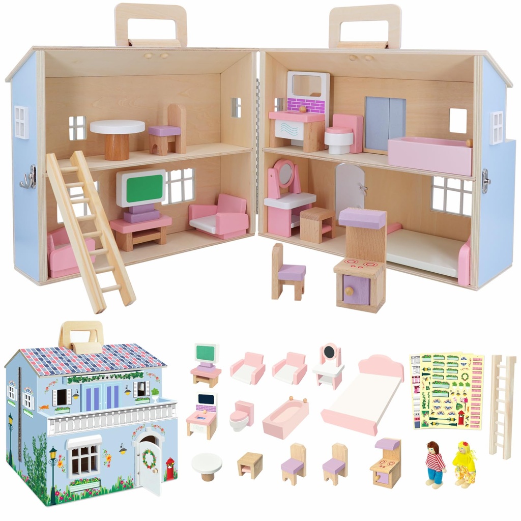SIMPLIPLAY DIY Portable Wooden Dollhouse, Pretend Play Doll House Set with 4 Rooms