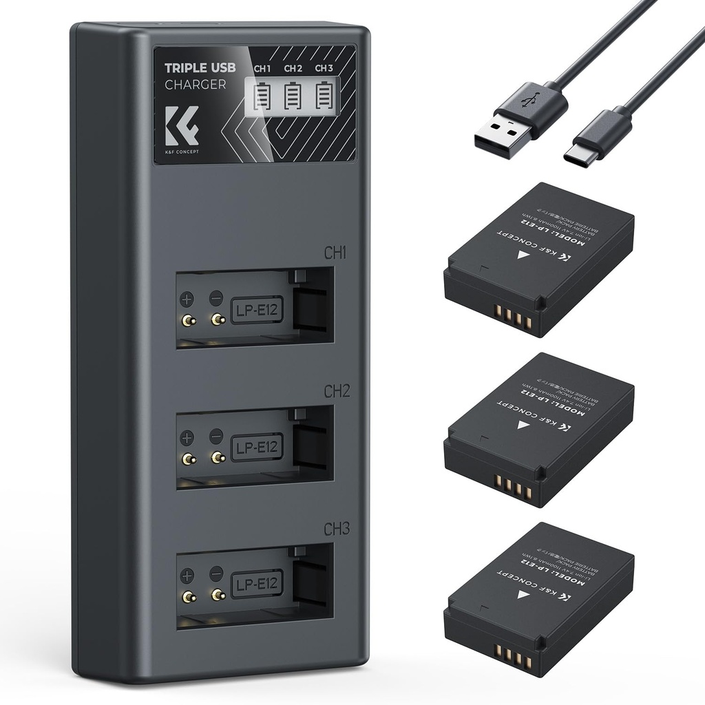 K&F CONCEPT LP-E12 Battery 3 Pack and Triple Slot Charger Set Compatible with Canon EOS M50