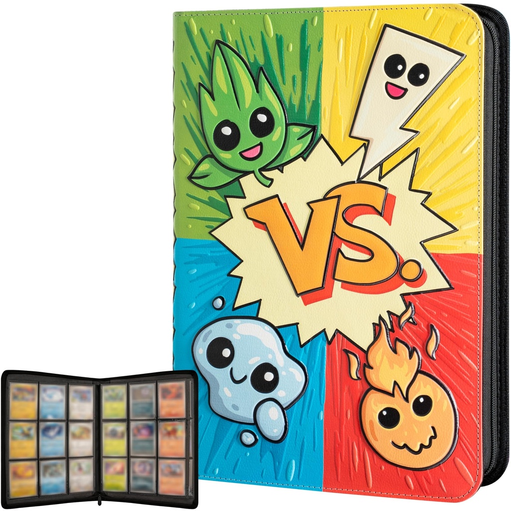 3D Card Binder for Pokemon - Stunning 3D Raised Pk Types Design in PU Leather with Zipper 