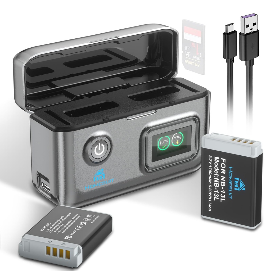 Homesuit NB-13L Battery 1700mAh & Dual Charger Kit for Canon PowerShot G5X, G5X Mark II, G7X