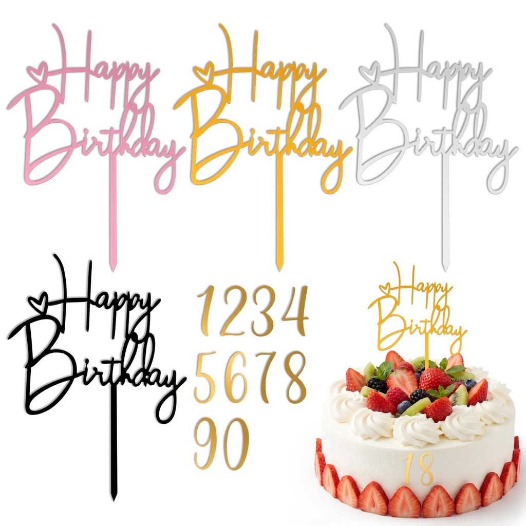 DOPENSPI 4PCS Happy Birthday Cake Toppers, 2Sets Number Cake Topper 0-9, Acrylic Happy Birt
