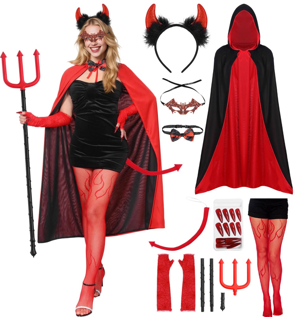 Maryparty Devil Costume Women Halloween Costumes Adult Red Demon Vampire Cape Devil Horns H