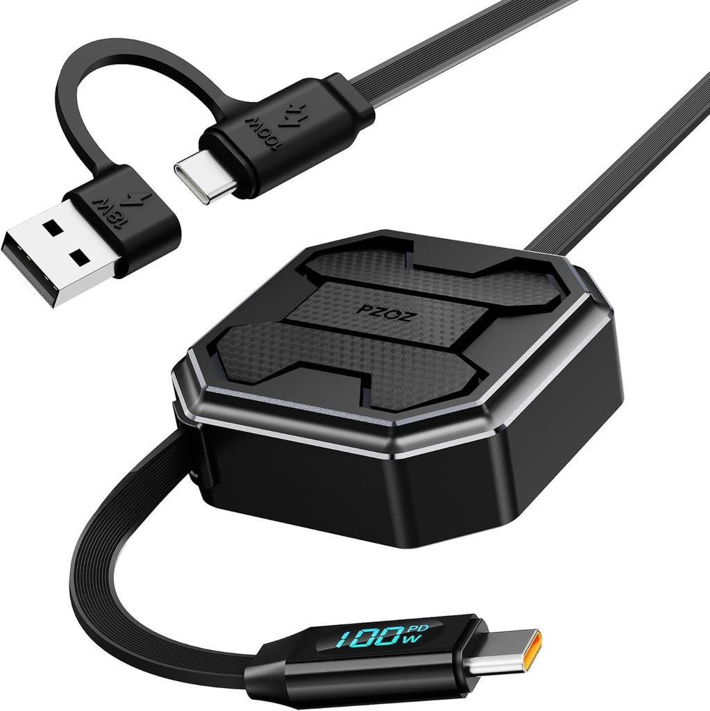 PZOZ Retractable Lightning Charger Cable LED Display 2 in 1 USB to Lightning Fast Charging
