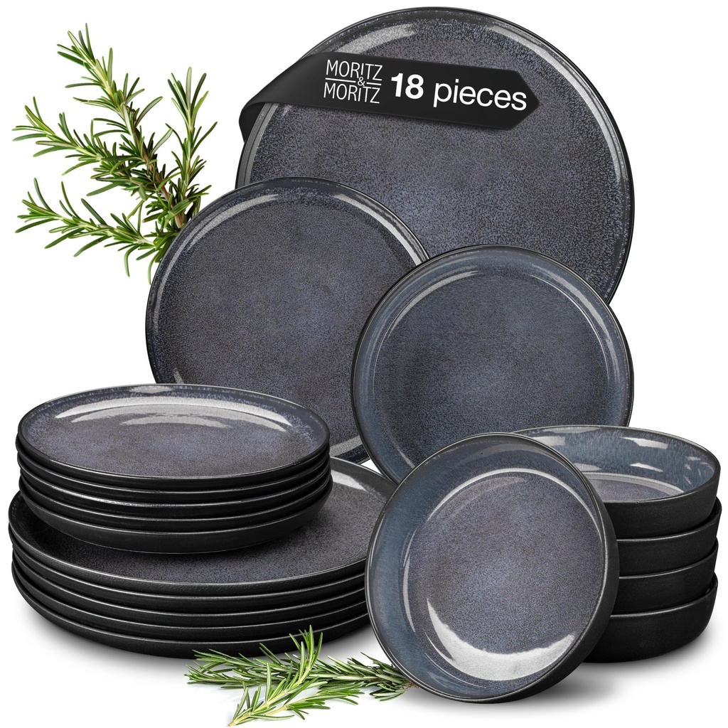 Moritz & Moritz VIDA 18-Piece Blue Porcelain Dinner Set for 6 People - Modern Plates and Bo