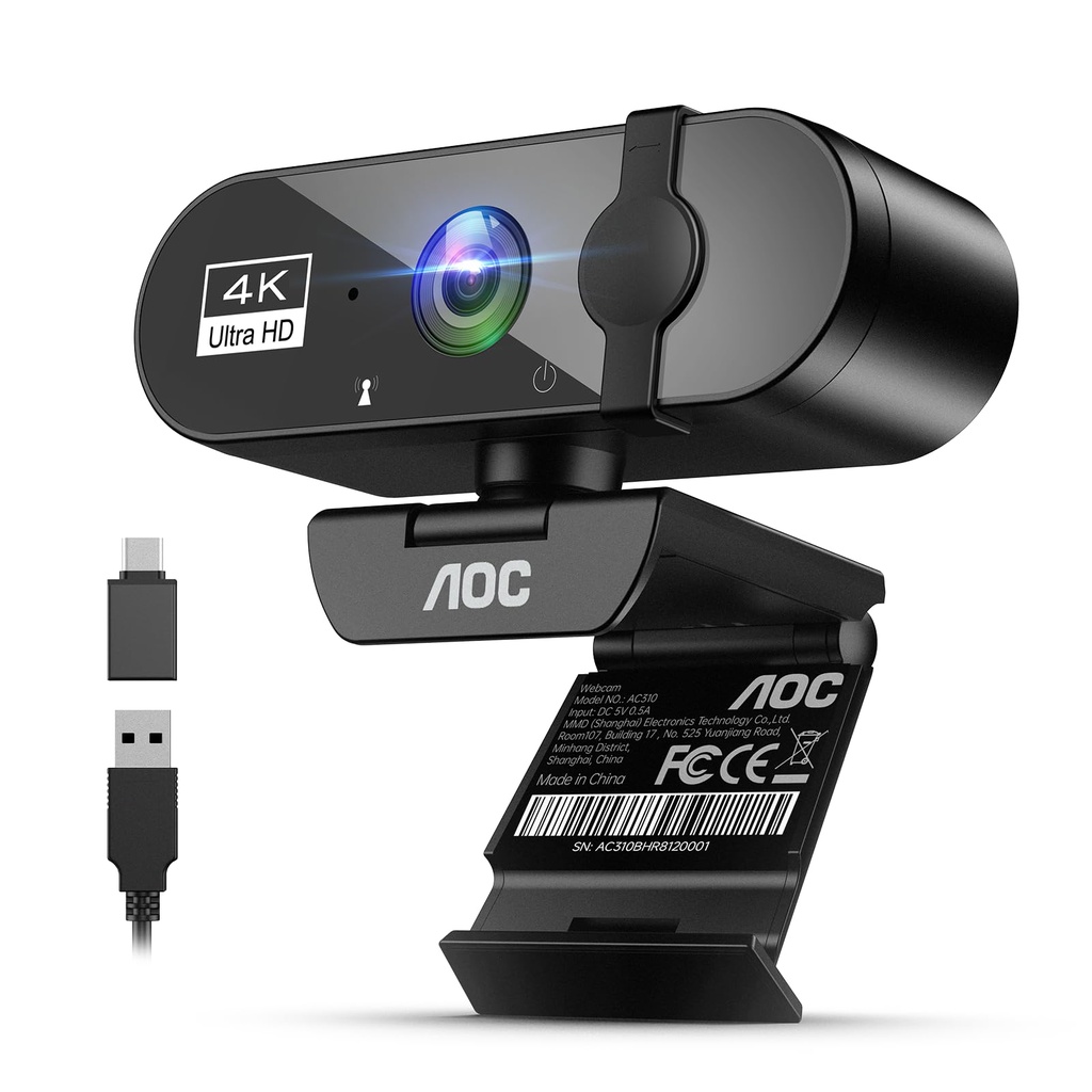 AOC Webcam for PC with Microphone, 4k Computer Camera with Noise Cancellation, Web Camera w