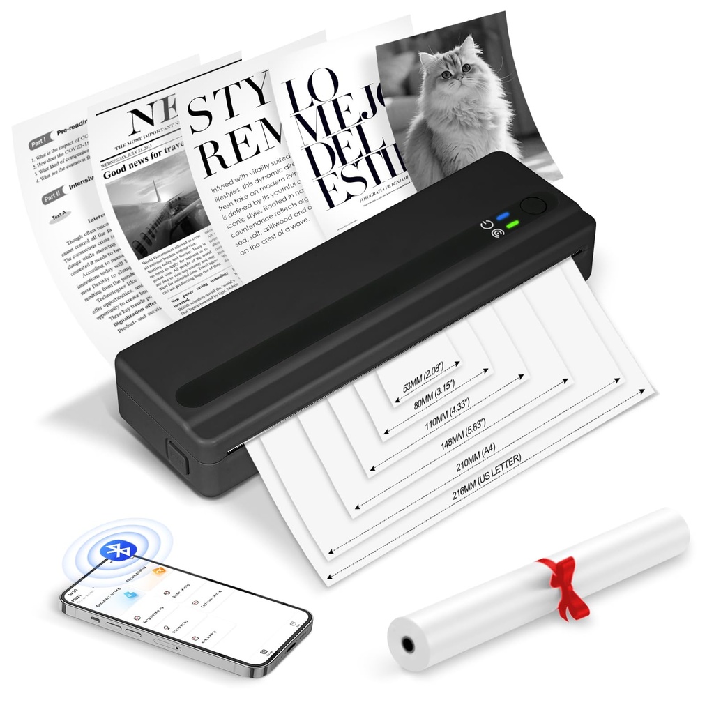 SMOCTAR Portable Thermal Printer A4 Wireless, Inkless Printer Bluetooth Compatible 