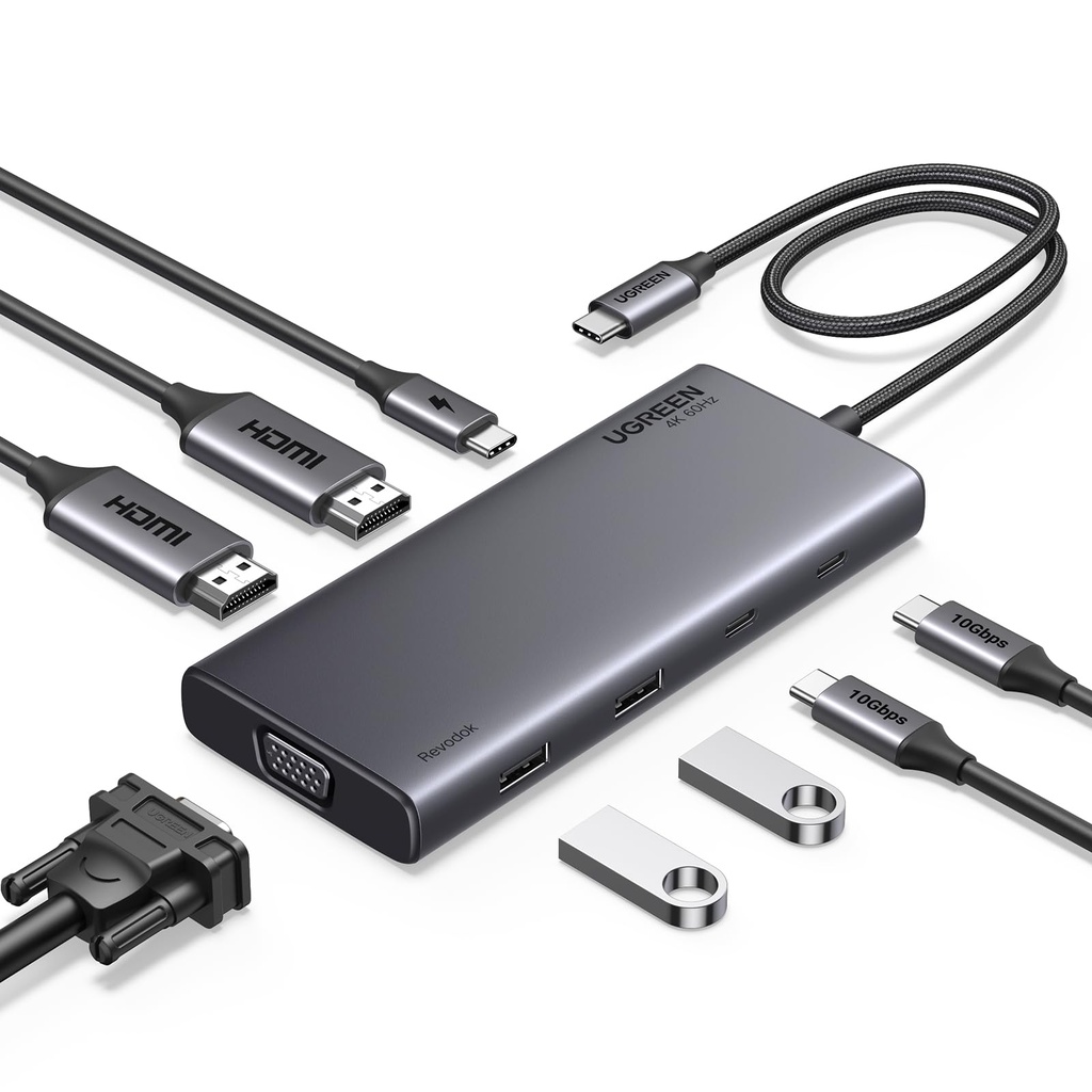 UGREEN Revodok Pro 308 USB-C Docking Station, Triple Display 2 HDMI/VGA, 10Gbps USB-A, 100W