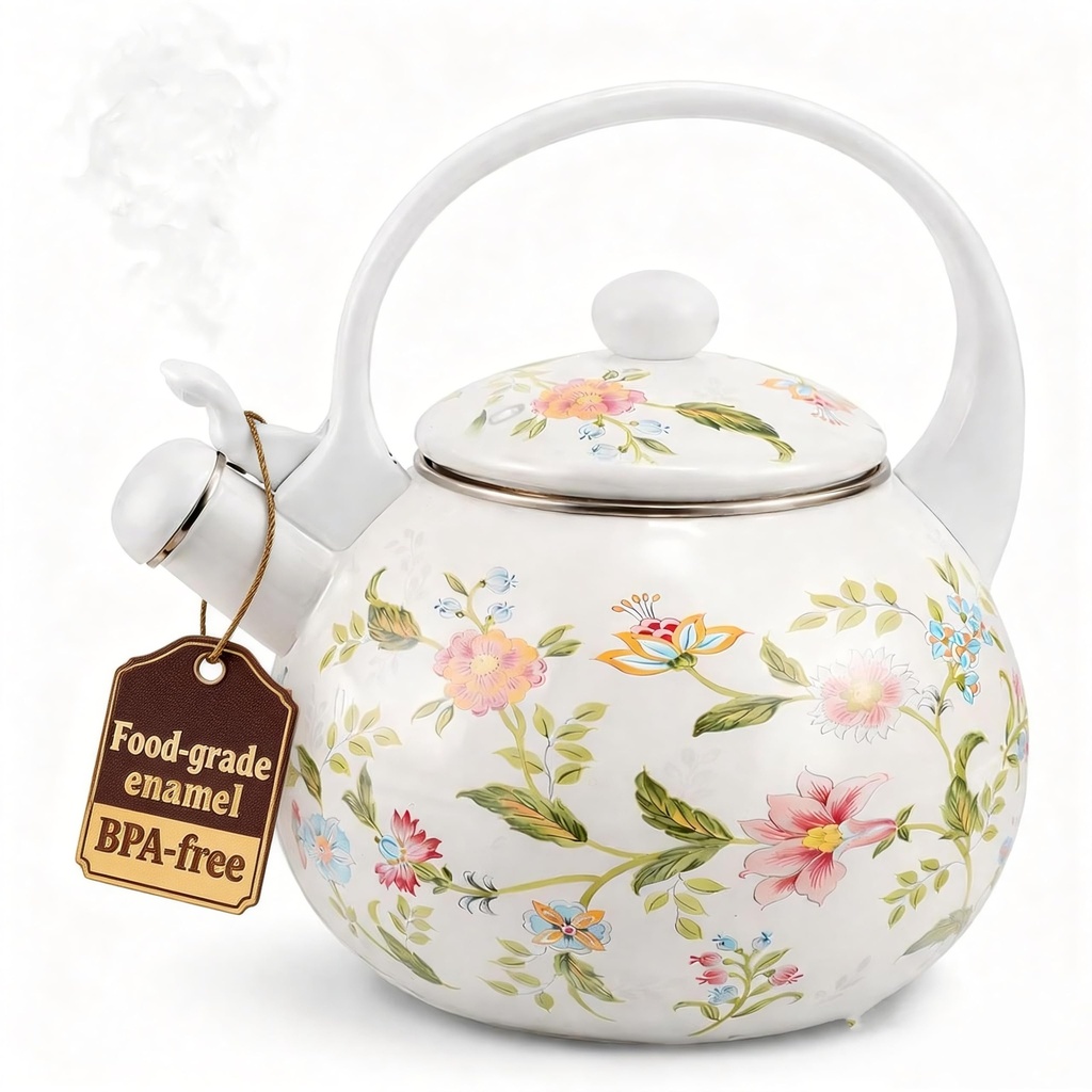 UKCOCO Enamel Tea Kettle Stovetop Whistling Kettle for Induction and Gas Hob Thickened Water