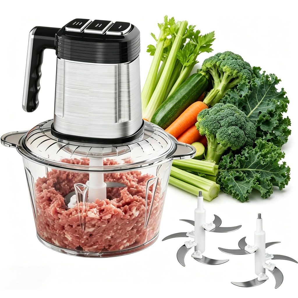 Food Processor & Food Chopper with 2L Glass Bowl & 2L Stainless Steel Bowl, Electric Meat Gr