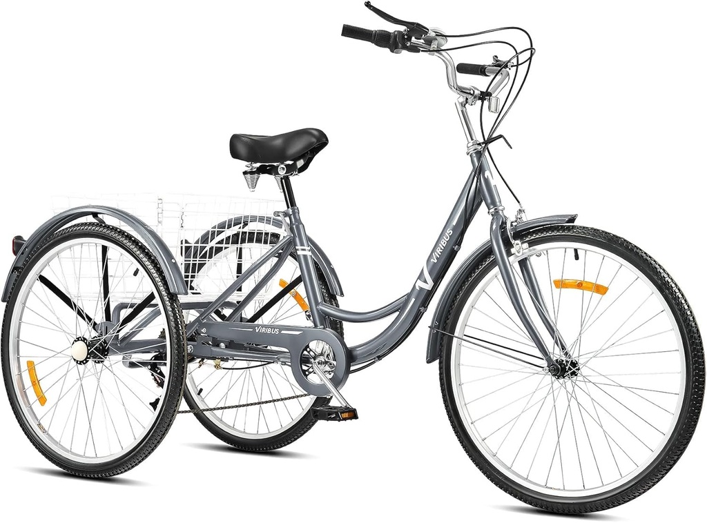 Viribus 24 Inch Adult Tricycle, 7 Speed Trike 3 Wheel Cargo Bike with Basket & 205 kg Cap 