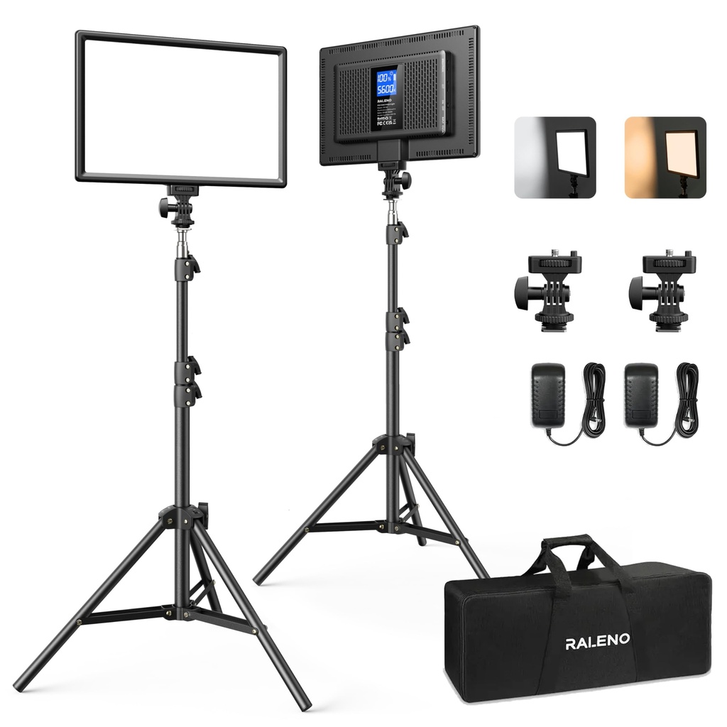 RALENO 2-Pack 13" LED Video Light Kit with 170cm Adjustable Stands and LCD Display, 2500K-65