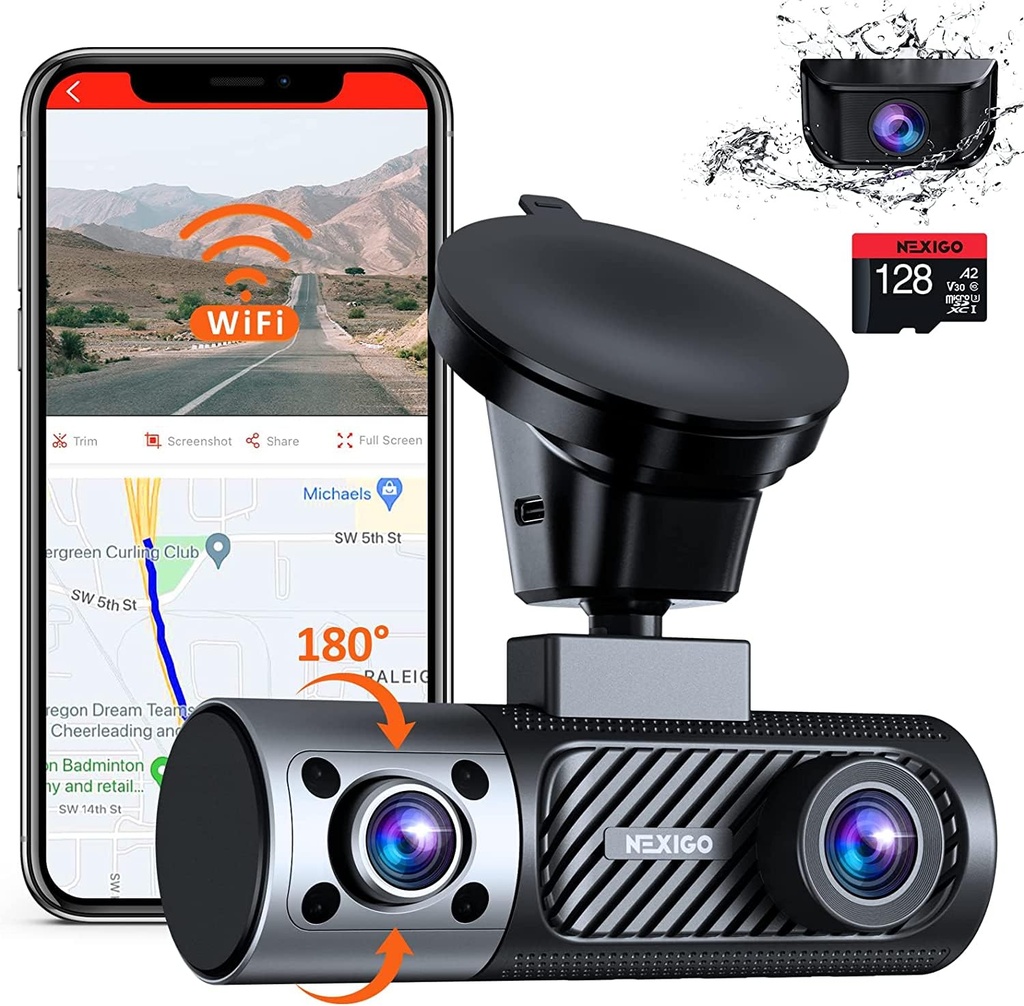 NexiGo 3 Channel Dash Cam with Rotatable Interior/Front Camera, Sony Sensors, Front and Rear