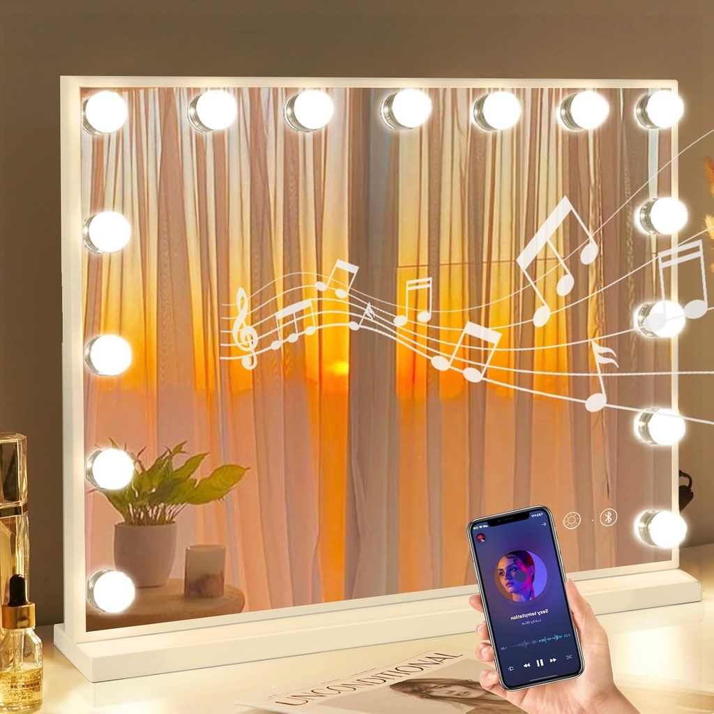 FENCHILIN Hollywood Mirror with Lighting Speaker USB Makeup Mirror with 15 Dimmable LED Lam