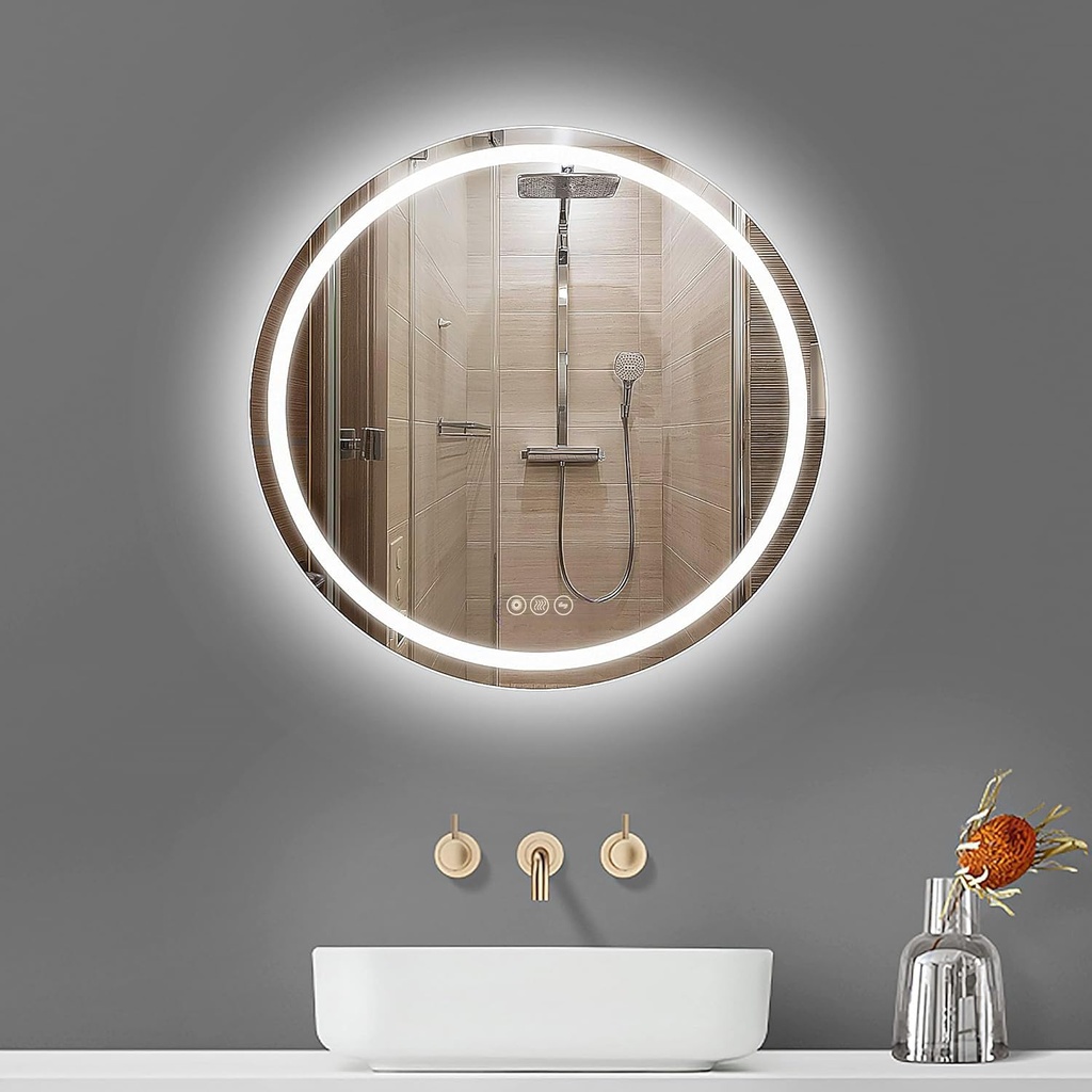 ICYWANG Bathroom LED Mirror Round 60cm Lighted Illuminated Backlit Light Up Mirror with Tou