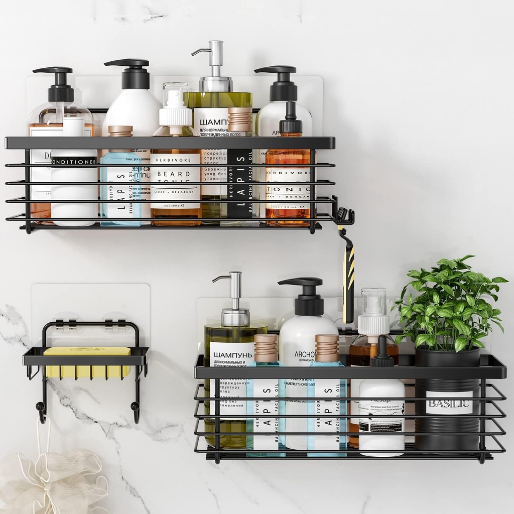 Oriware Adhesive Shower Caddy Basket with Hooks Soap Dish Holder Shelf for Shampoo Conditio