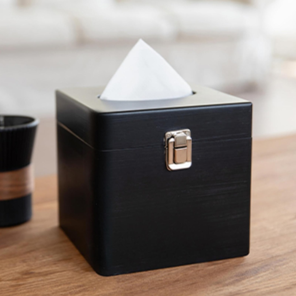 Black Tissue Box Holder Square - Wooden Tissue Box Cover with Retro Metal Switch, Toilet Pa