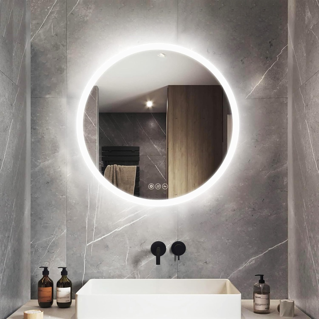 ICYWANG Bathroom LED Mirror Illuminated Circular Anti-Fog 500mm Light Up Bathroom Mirror wi