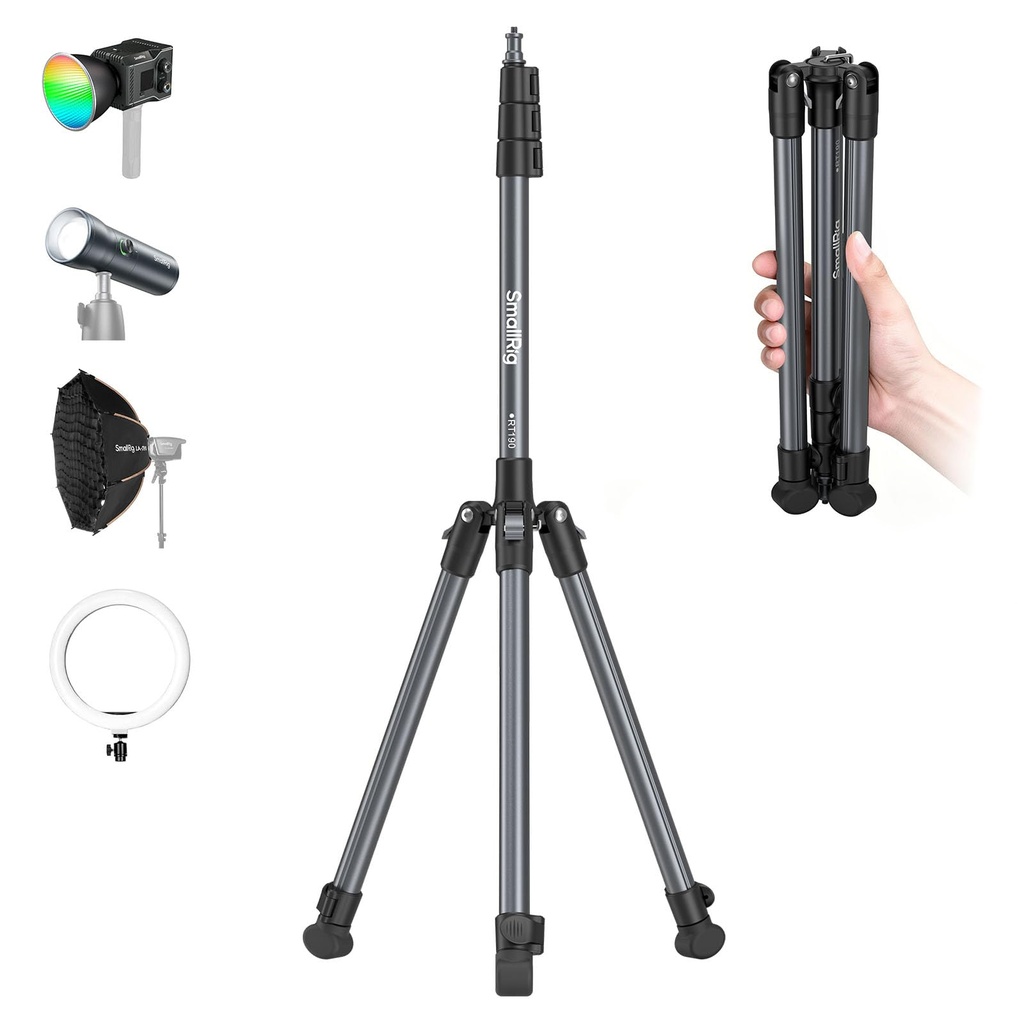 SMALLRIG 74.8"/ 190cm Light Stand, Max Load 4kg, Compact Tripod Stand for Flashlights, Ring