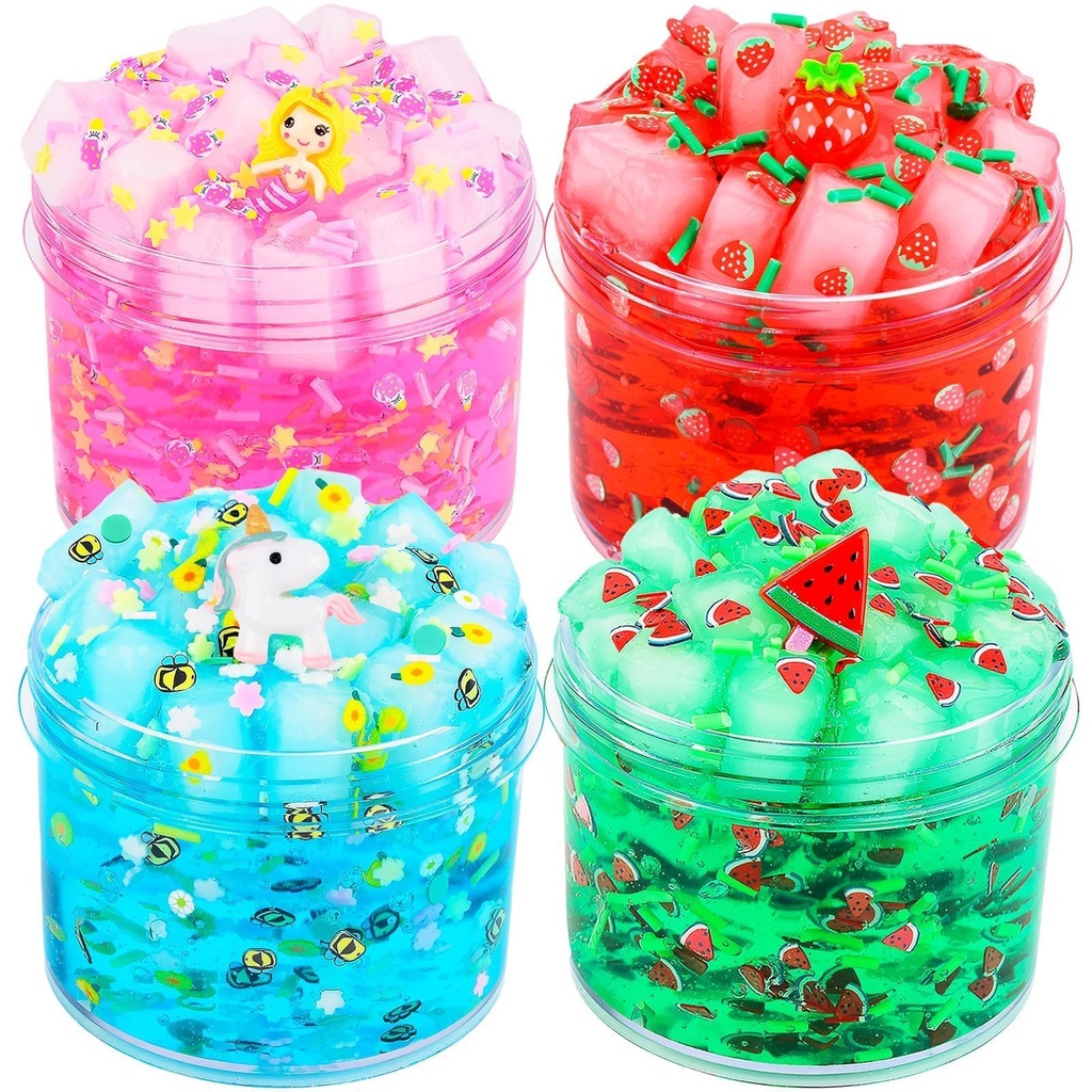 Slime Kit - 4 Pack Jelly Cube Crunchy Slime Kit, with Mermaid, Ice cream and Teddy bear Cut