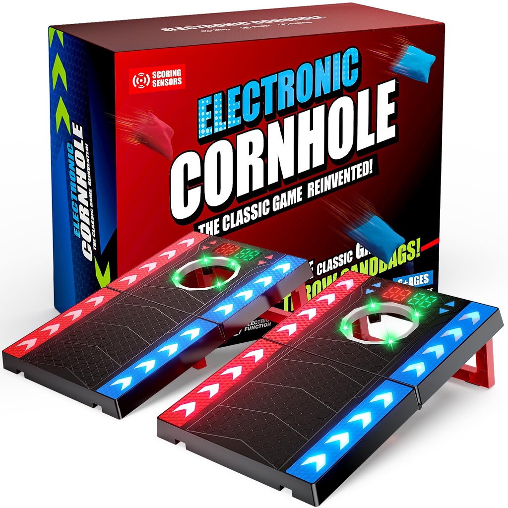 Electronic Cornhole Game Set with Automatic Scoring, LED Lights & Music, Portable Bean Bag
