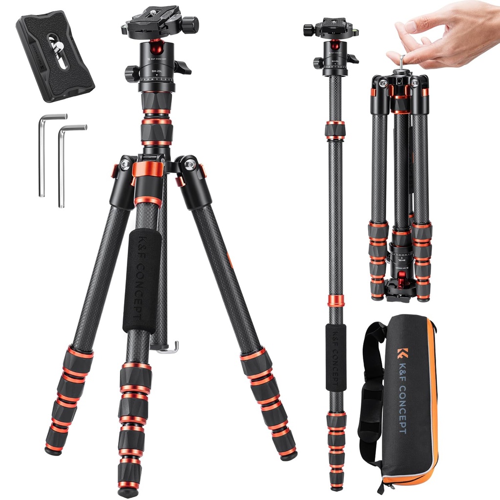 K&F Concept 61" Carbon Fibre Camera Tripod, Lightweight Compact Tripod with 2 Sections Cent