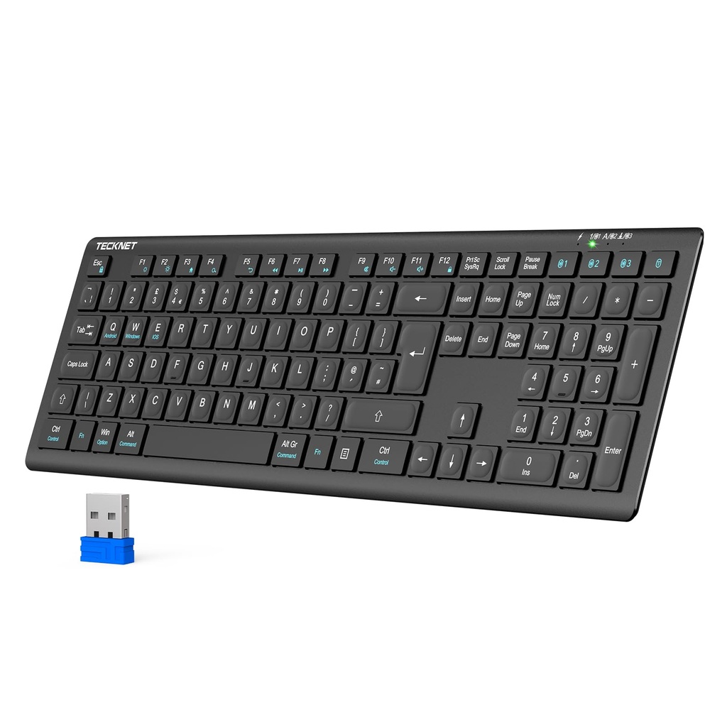 TECKNET Wireless Keyboard, Rechargeable 2.4GHz USB Bluetooth Keyboard for 4 Multi Devices,