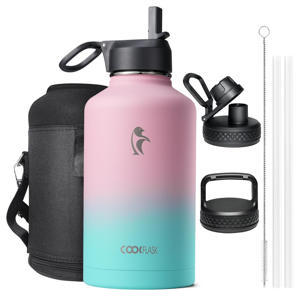 Coolflask Insulated Water Bottle 2L - 3 Lids with Straw & Spout & Handle, Leakproof Vacuum