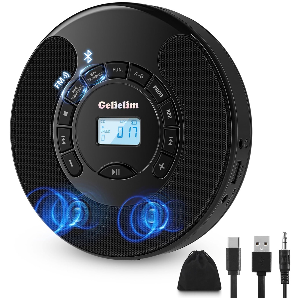 Gelielim Portable CD Player, Disman CD Players for Car with Bluetooth and FM Transmitter, C