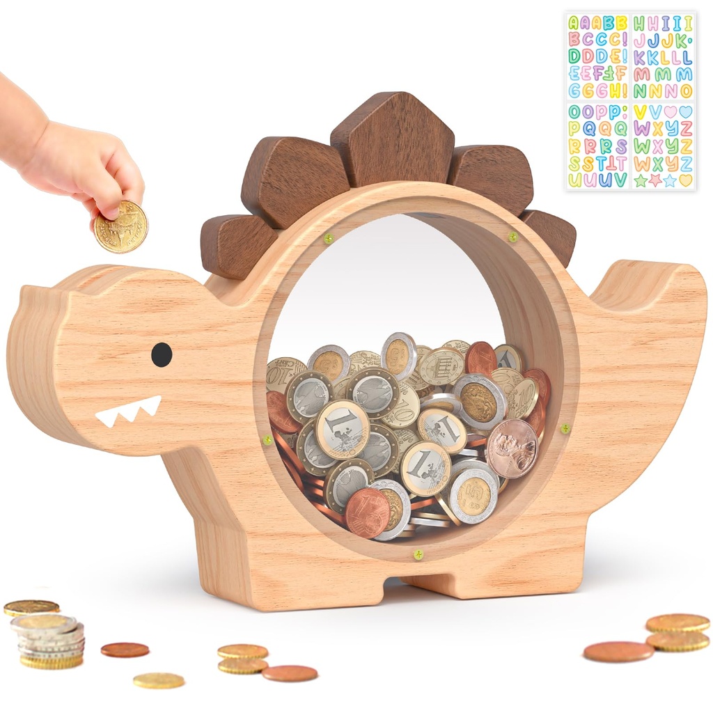 Summidate Wooden Dinosaur Piggy Bank for Kids Boys, Cute Wood Dino Money Bank for Toddlers,