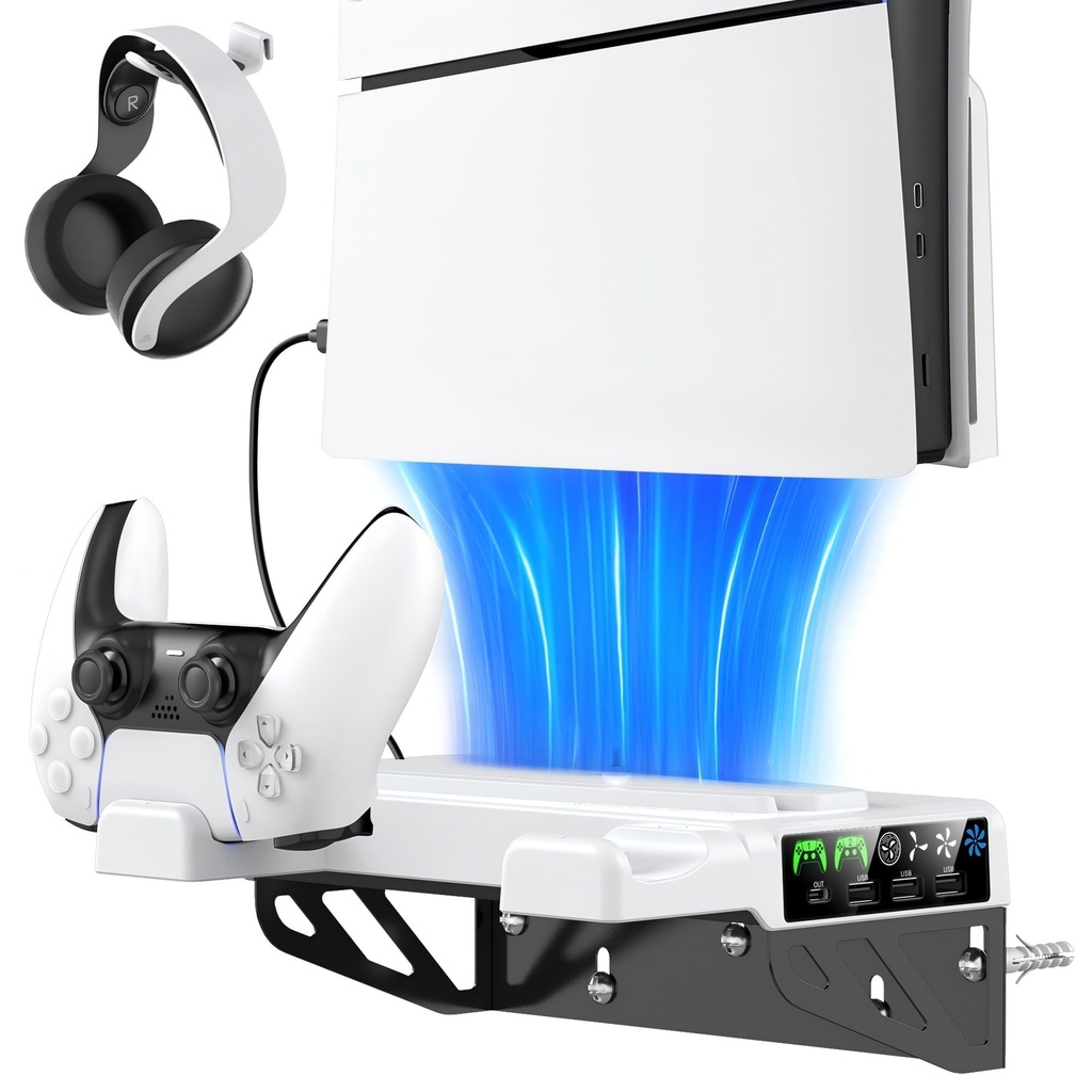 Tokluck PS5 Wall Mount Kit with Cooling Fan & Charging Station, PS5 Shelf Floating Mount fo