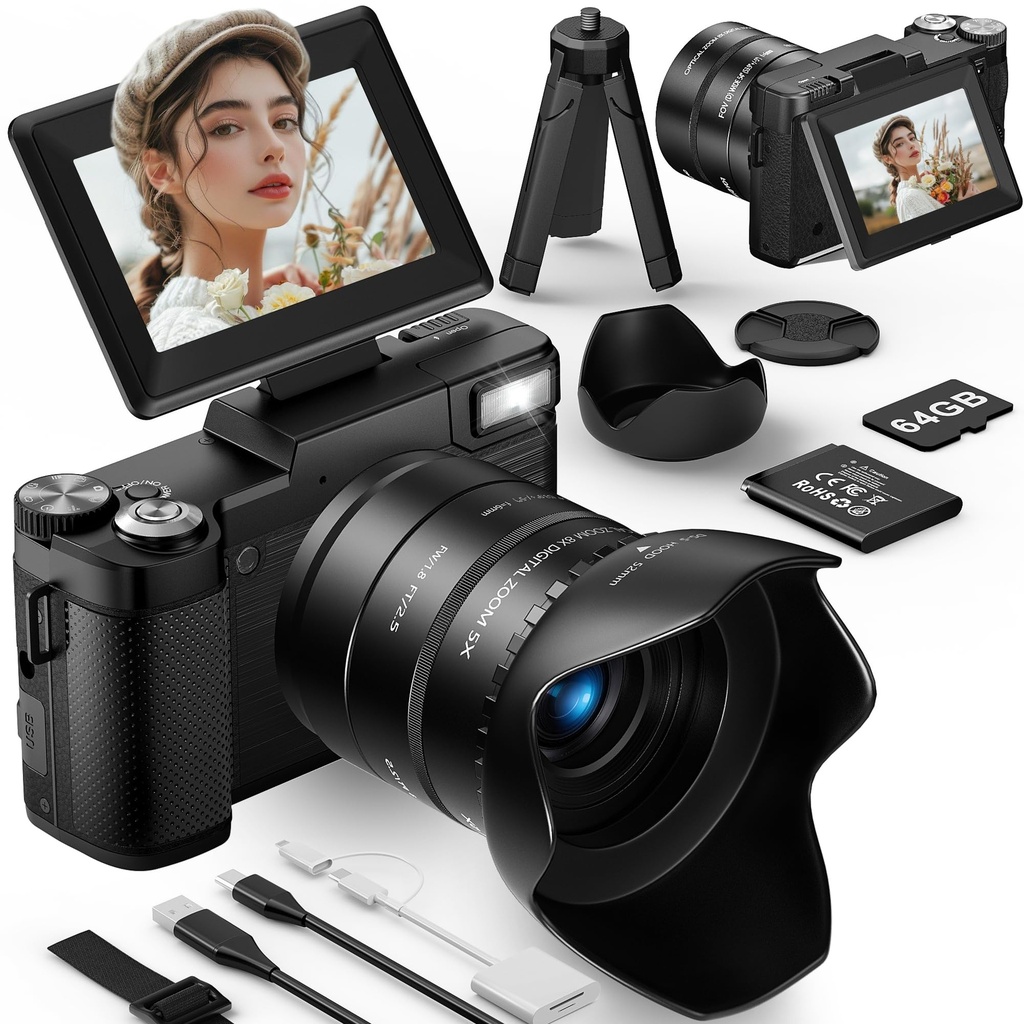 Longyi 6K Digital Camera, 75MP Cameras for Photography with 8X Optical Zoom & Tripod, Anti-