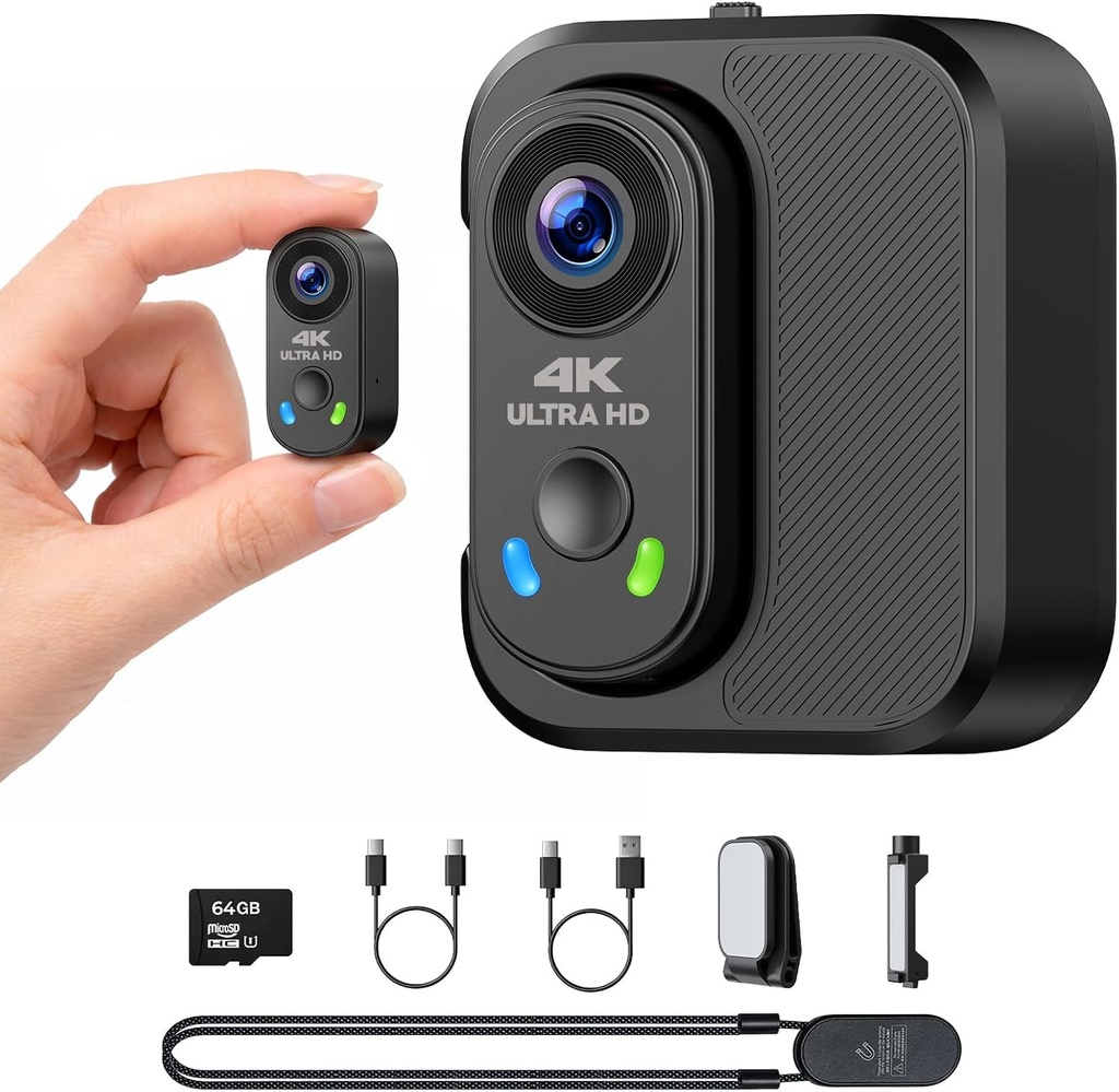 CAMWORLD 4K Body Camera with 64GB Card, Mini Thumb Action Camera WiFi Magnetic Mount, EIS S