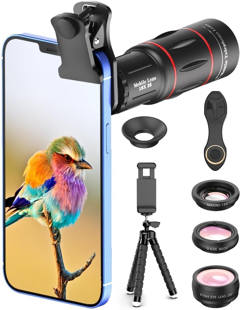 Apexel Camera Lens Kit,18x Monocular Telescope with Eyecup,0.63x Wide lens&15x Macro Lens,1