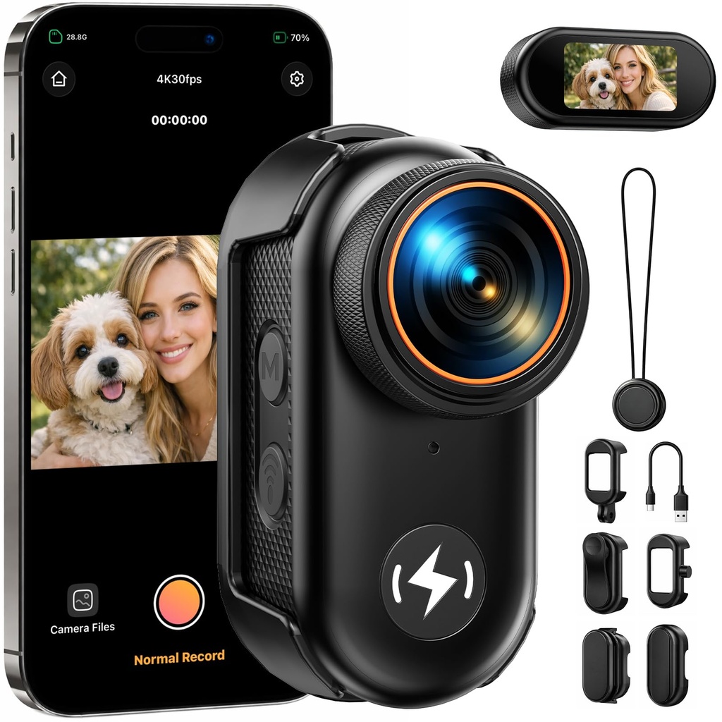 CAMWORLD 4K Mini Body Camera with 64GB Card, WiFi Thumb Action Camera with 1.47" Screen, Ma