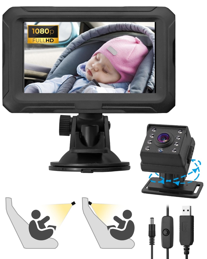 eSynic 1080P HD Baby Car Camera USB Baby Monitor 4.3'' Display Child Mirror Rear Facing for