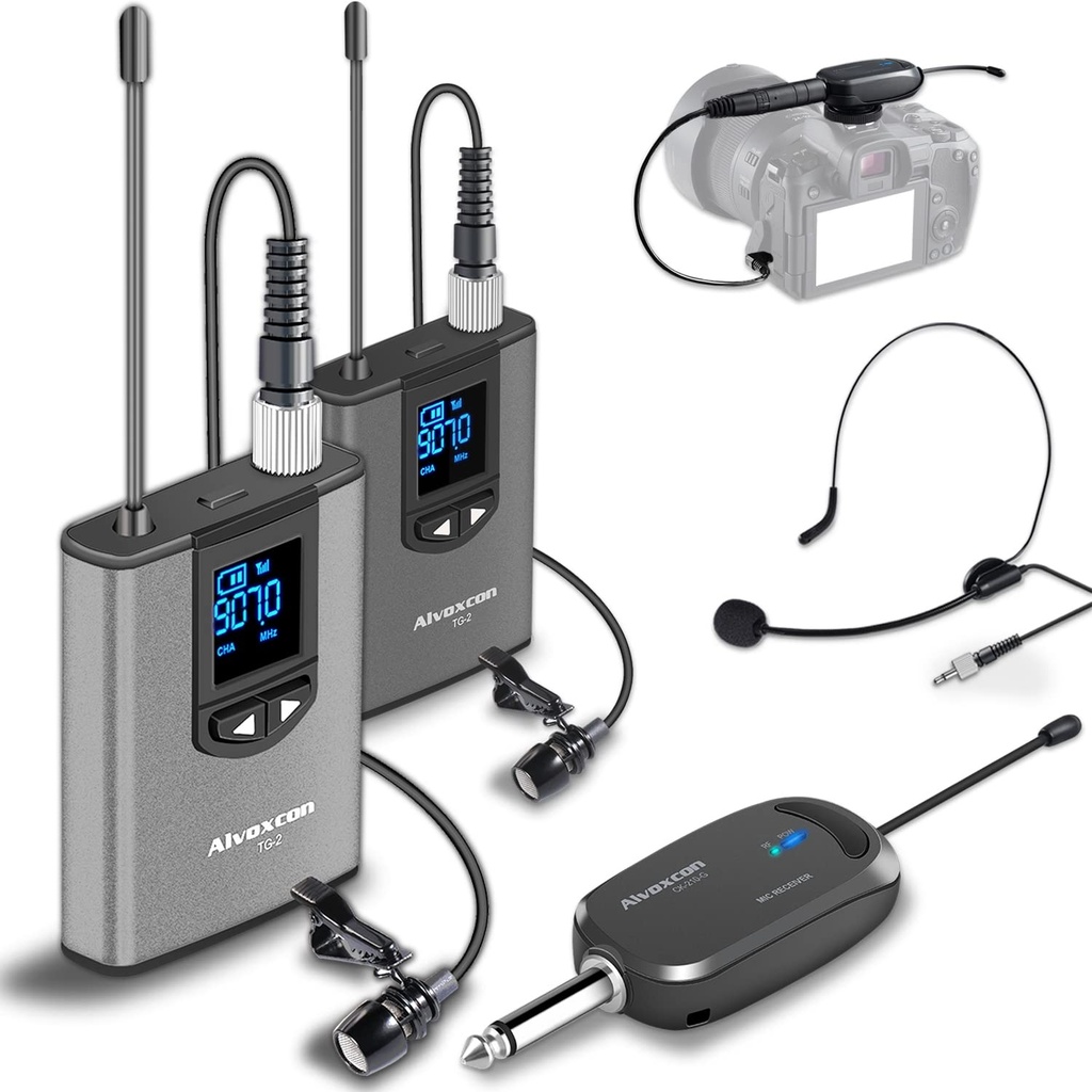 Alvoxcon Wireless Headset Lavalier Microphone System Dual Wireless Lapel Mic for iPhone, DS