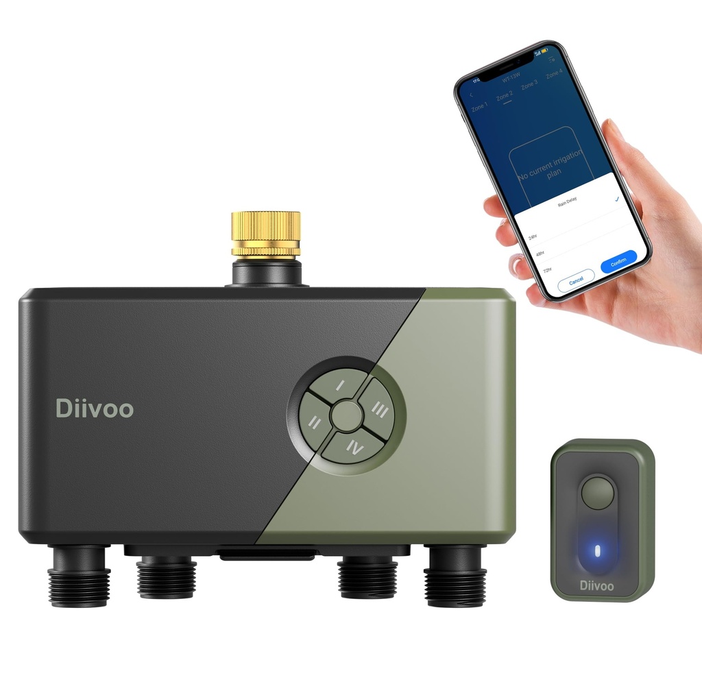 Diivoo WiFi Water Timer 4 Outlets with Brass Inlet | Smart Sprinkler/Hose/Tap Timer Compati
