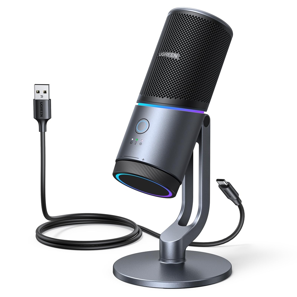 UGREEN USB Microphone 24bit/96KHz RGB Gaming Mic Cardioid Condenser PC Microphone Noise Redu