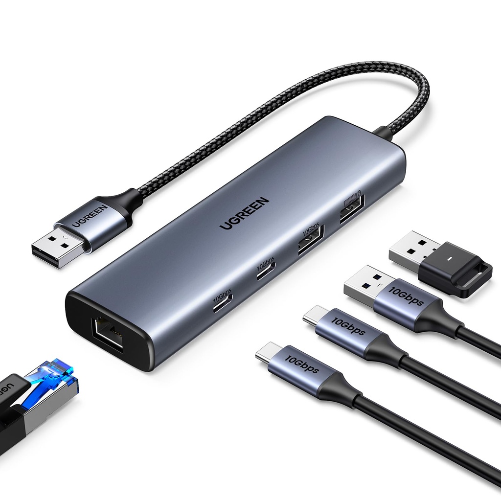 UGREEN USB Hub Ethernet, 10Gbps USB-A 3.2 Ethernet Adapter with 2 x Type Port, 2 x USB-A Por