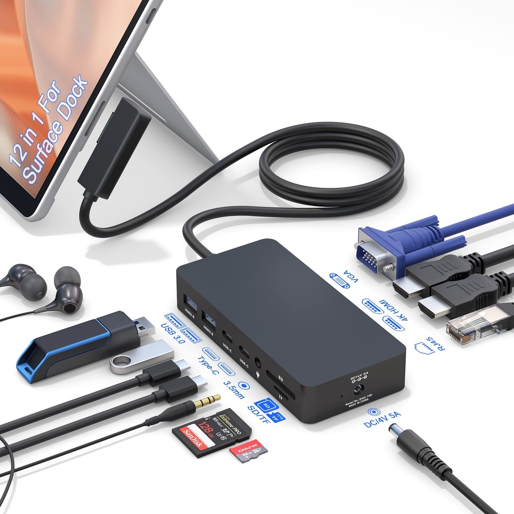 Surface Docking Station, 12 in 1 Triple Display Surface Dock (2*HDMI +VGA),Docking Station