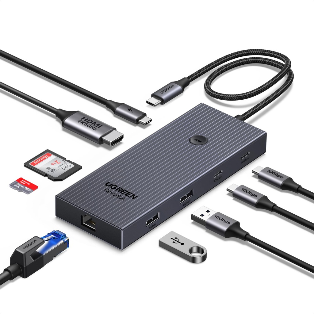 UGREEN USB C Hub, 9-in-1 4K@60Hz HDMI to USB-C Adapter, 1Gbps Ethernet, 170MB/s SD/TF, 3x 10