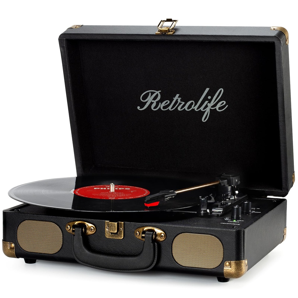Retrolife Vinyl Record Player 3-Speed Bluetooth Suitcase Portable Belt-Driven Record Player